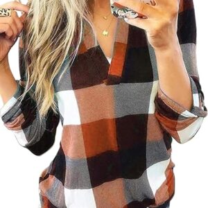 Dokotoo Womens Basic Casual V Neck Plaid Print Cuffed Long Sleeve Work Tops Blouses Shirts S-3XL