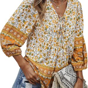 KAYWIDE Women's Casual Boho V Neck Top Loose Floral Printed Long Sleeve Beach Shirts Blouses