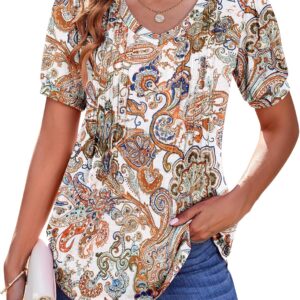 Zeagoo Women's Puff Short Sleeve Boho Shirts Casual V Neck Floral Solid Summer Blouse Pleated Tunic Top