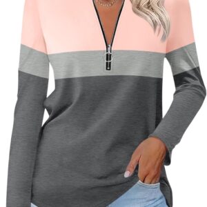 Women's Long Sleeve Shirts Zipper Color Block V Neck Tunic Tops Casual Blouse