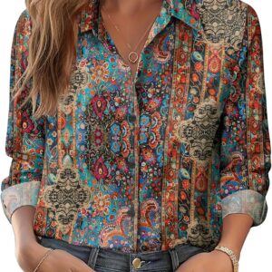 Zeagoo Button Down Shirts for Women Dressy Floral Printed Long Sleeve Blouse Business Casual Work Tops