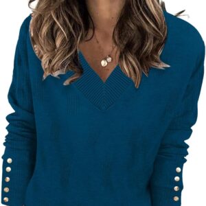 AKEWEI Womens V Neck Sweaters Long Sleeve Lightweight Knit Pullover Tops with Decorative Buttons