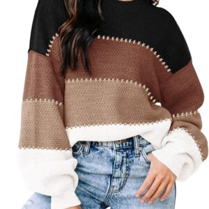 Womens Sweaters Fall 2025 Fashion Long Sleeve Color Block Oversized Sweater Trendy Casual Crew Neck Knitted Tops Pullover