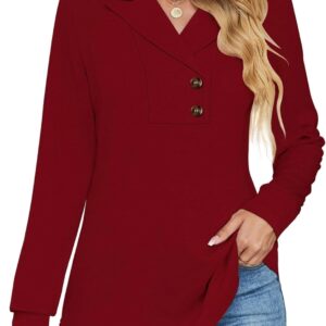 Micoson Women's Long Sleeve Button Lapel Tunic Tops V Neck Business Casual Swing Sweatshirt Pullover