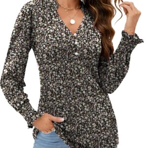 Rapbin Womens V Neck Puff with long sleeves button down tunic bouches tops 2024 cuffs with ruffled t-shirts