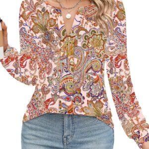 AKEWEI Womens Long Sleeve Shirts Puff Sleeve V Neck Pleated Shirts Loose Fit Blouses for Dressy Casual 2025 Spring Tops