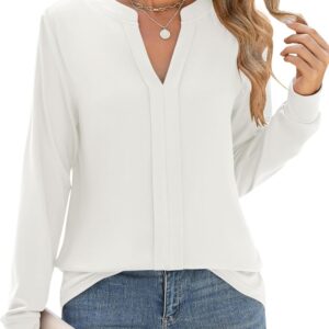 Micoson Womens Tops Dressy Casual Long Sleeve Business Shirts V Neck Pleated Work Blouses Loose Fit Fall Trendy Knit Top