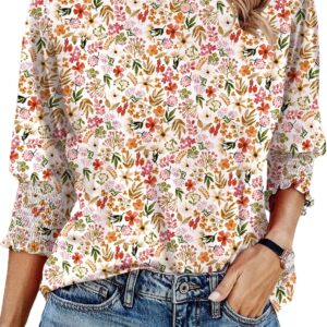 IECCP 3/4 Length Sleeve Womens Tops Summer 2025 Fashion Trendy Boat Crew Neck Smocked Work Dressy Casual T Shirt Blouses