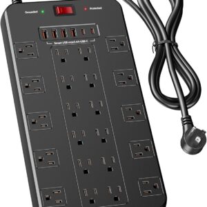 Brewer of overvoltage power - 22 points of sale with 6 USB load ports (2 USB C), 1875W / 15A, 2100 joules, 6.5 feet plux with heavy flat ， Compatible with the iPhone 15, cord for the house, Office, play room, tool hangar