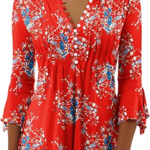 Smidow tunic carpets for women in bulk Spring Henley V Kirt NECK 3/4 Globe Bohemian Floral Print T-shirt Trendy