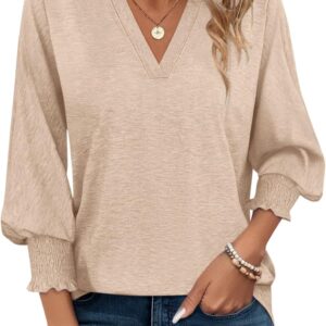 PGANDS Women's V Neck 3/4 Sleeve Tops Dressy Casual Shirts Cute Loose Blouse