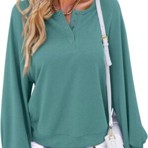 EADINVE Womens Long Sleeve Sweatshirt Casual Crew Neck Button Puff Sleeve Cute Lightweight Pullover Relaxed Loose Fit Tops