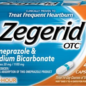 Zegerid OTC, Omeprazole 20 mg and sodium bicarbonate, drug -burning drugs, acid reducing, PPI, 24 -hour protection all day, 1 42 capsules package