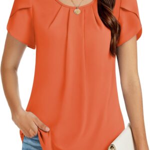 Funlingo Womens Summer Tops Dressy Casual Short Sleeve Tunic Chiffon Blouse Business Pleated Crew Neck Loose Flowy Shirts