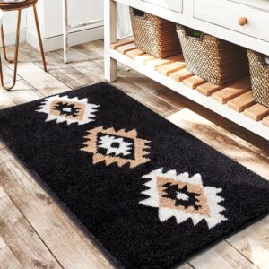 Dexde Boho Bathroom Carpet, Long Black Bath Rugs Western Non Slide Bath Bath Bath Great Modern Modern Absorbent, Dry Machine Wash, For Bathroom, Shower, Entrance Kitchen 20x32