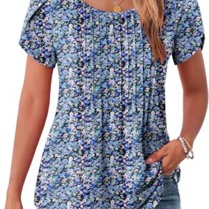 Zeagoo Womens Tops Petal Short Sleeve Summer Casual Crew Neck Shirts Floral Solid Blouse Pleated Tunics