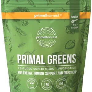 Super Greens Primal Harvest powder bonus, 30 portions with 50 greens superals chlorella, probiotics, green, random tea, kale, turmeric for energy, primary green