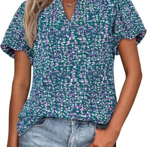 MASCOMODA Boho Short Sleeve Floral Work Blouses for Women Dressy Casual V Neck Puff Sleeve Loose Chiffon Flowy Tops Shirts