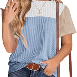 Zeagoo Womens Casual Shirts Color Block Tops Short Sleeve T Shirts Crewneck Knitted Summer Loose Blouses Tops