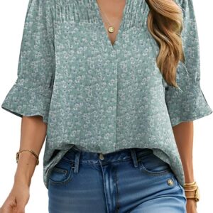 SAUKOLE Women’s Casual Summer Half Sleeve Tunic Tops Fashion V Neck Smocked Chiffon Loose Shirts Blouses