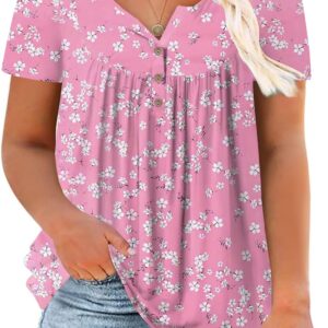 Rosriss Women-Plus-Size-Tops-Summer Buttons Henley Shirts V Neck Blouses