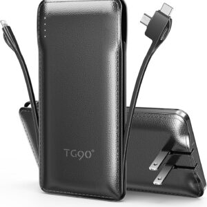 TG90 ° 10000MAH Portable charger with candle and integrated foldable AC Wall cables, USB Ultra Slim Slim C Bank External Pack compatible with iPhone16 / 15 and Android phones and Android phones