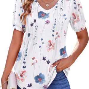 Zeagoo Women's Puff Short Sleeve Boho Shirts Casual V Neck Floral Solid Summer Blouse Pleated Tunic Top