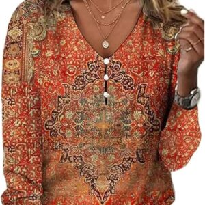 Long Sleeve Shirts for Women Dressy Casual Boho Floral Printed Tunic Tops V Neck Button Up Top 2024