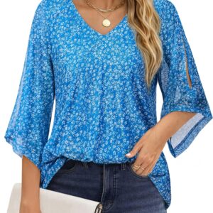 Womens Ruffle 3/4 Sleeve Tops Dressy Casual V Neck Blouses Tunic Flowy Business Work Shirts Double Layered