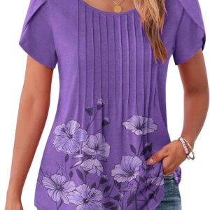 Zeagoo Womens Tops Petal Short Sleeve Summer Casual Crew Neck Shirts Floral Solid Blouse Pleated Tunics