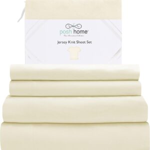 Set of jersey knitting sheets at home - 4 -piece jersey bed sheets - T -shirts T -shirts and soft cotton jersey leaves - includes a flat leaf, a jersey adjusted sheet, and 2 pillowcases - Complete jersey leaves, cream