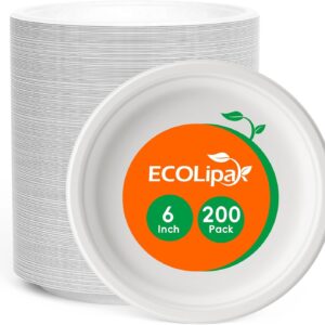 Ecolipak Pette Plates Petable Papiers Ecolipak 6 inch, Bagasse de Canne à Sucne Recyclée Pack Pack Bagasse Biodegradable Mini Dinner Aperitor Dessert Plates for the Party (White)