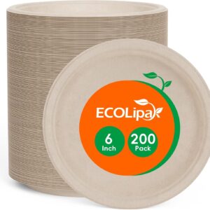 Ecolipak 6 inches Plates of disposable compostable paper, 200 bags of recycled sugar cane biodegradable Bagasse Lourdes mini dinner aperitif cake for the party (nature)