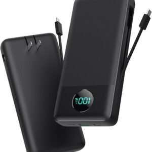 Portable charger 33800MAH USB C Power banks with integrated cables and AC wall candle, 25W fast charger + QC 4.0 telephone charger, 4 LCD outlet Battery compatible with iPhone16/15, Samsung, Android, etc.