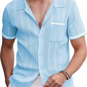 COOFANDY Men's Short Sleeve Knit Shirts Vintage Button Down Polo Shirt Casual Beach Tops