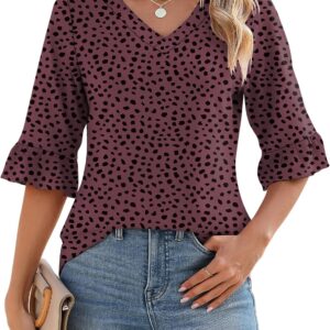 LOMON 3/4 Length Sleeve Womens Tops Summer Loose V-Neck Eyelet T-Shirts Dressy Casual Ruffle Sleeve Tunic Blouses