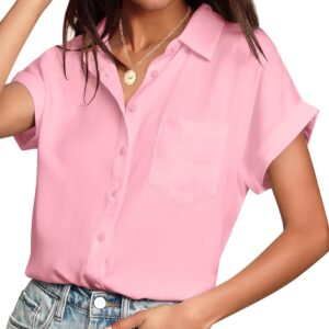 HOTOUCH Women Waterproof Button Down Shirt Solid Work Business Blouse Stain-Resistant Short Sleeve Tops