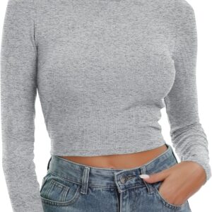 Artfish Women's Round Neck Long Sleeve Knit Ribbed Fitted Crop Top Casual Basic Shirts