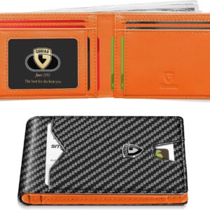 GSOIAX Slim portfolio for men with 11 RFID cards locations Block carbon fiber wallets bifold minimalist leather credit card holder with gift box (carbon black and orange)