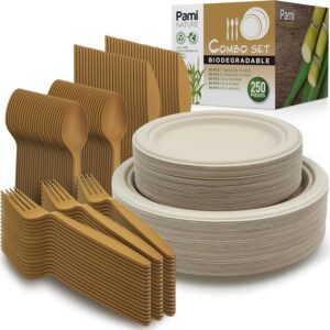 Constable tableware of 250 Pami pieces - Biodegradable sugar cane plates, cutlery and cups for holidays, weddings, barbecues and events - Environment