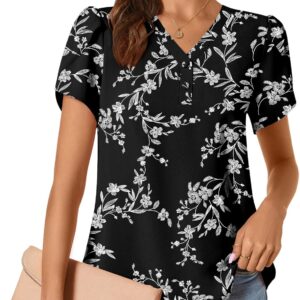 Cathy Womens Casual Summer Tops Dressy Petal Petal Short Murffon Shirts Button Up V Vunnique Blans layer