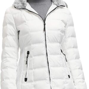 SLOW DOWN Women Down Puffer Jacket with Hood Hooded Winter Down Puffer Coat for Women with Faux-Fur Hood & Collar