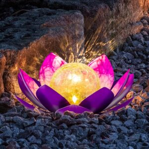 Outdoor solar light (2Pack), Globed Globe glass lotus decoration, solar LED, purple purple metal lights for patio, lawn, gateway, table