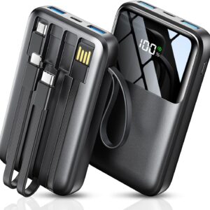 Portable charger with integrated cable, 15000mah power bank, fast load of 22.5 W, 6 outlets, essential battery pack with LED display, compatible with iPhone 16/15/14/13, Samsung, iPad, etc.