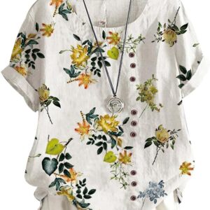 Cotton Linen Shirts Women Crew Neck Short Sleeve Floral Printed Linen Tunic Tee Shirts Tops Blouse