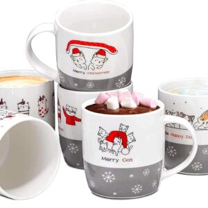 Buntmor 14 Oz Christs -Coffee Mug of 6 - Middle porcelain Christmas cups for hot chocolate, tea and vacation drinks - Large handle, microwave and dishwasher - Design of Christmas cats