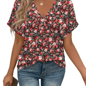 Womens Basic Tops Short Sleeve V Neck Tee Vintage Floral Graphic Casual Fashion Trendy Blouse Summer Spring Outfits