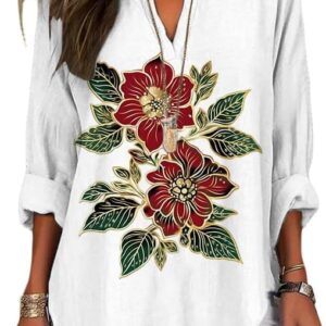 HOTYD Long Sleeve V Neck Boho Blouses for Women Dressy Casual Round Hem Vintage Graphic Shirts Loose Fit Pullover Floral Tops