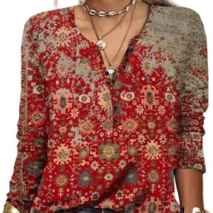 Akivide Womens Boho Floral Print Long Sleeve V Neck Button Front Casual Blouse Vintage Ethnic Shirt Tunic Tops