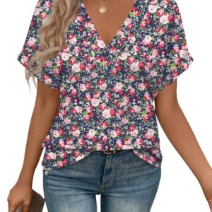 Womens Basic Tops Short Sleeve V Neck Tee Vintage Floral Graphic Casual Fashion Trendy Blouse Summer Spring Outfits